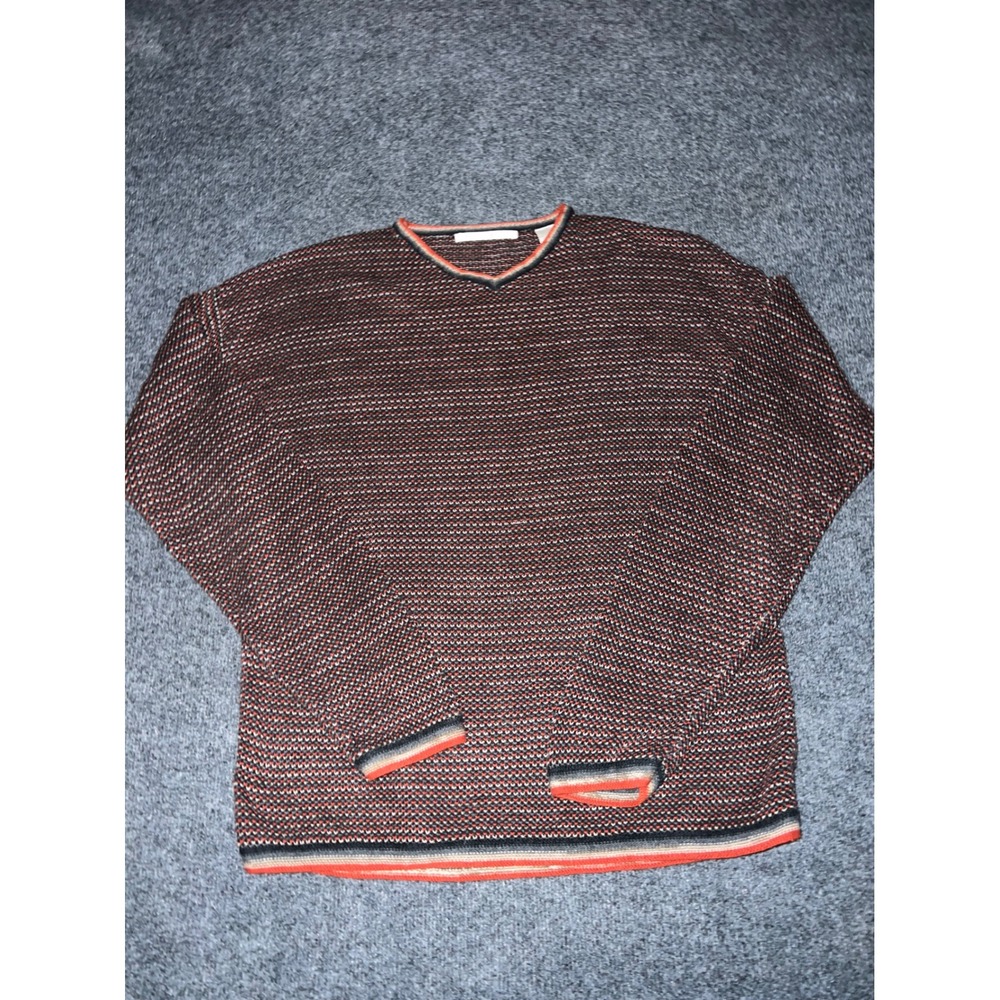 Perry Ellis V-Neck Sweater Medium Orange Black White Textured Cotton Knit